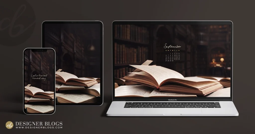 Mockup showing a laptop, tablet, and smartphone displaying the free September 2026 dark academia library wallpaper with calendar and quote options.