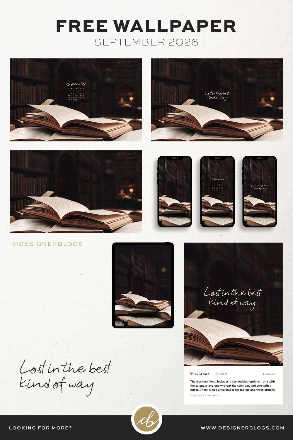 Pinterest graphic for free September 2026 dark academia wallpaper pack featuring previews of 3 desktop, 3 phone, tablet, and quote social media graphics.