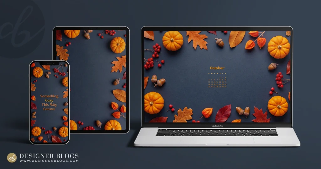 Free October 2026 cozy autumn wallpaper pack featuring previews of 3 desktop, 3 phone, tablet, and quote social media graphics.