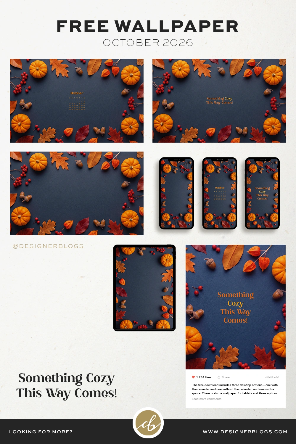 Free October 2026 cozy autumn wallpaper pack featuring previews of 3 desktop, 3 phone, tablet, and quote social media graphics.
