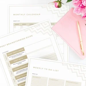 A top-down view of the free 2027 printable planner featuring a post brainstorming guide, a monthly calendar, and a weekly to-do list . The printed pages are styled on a white surface with a pink notebook, a gold pen, and pink flowers