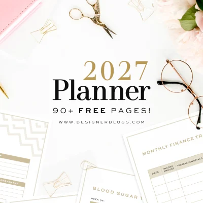 Preview of the free 2027 printable planner showing printed pages for a grocery list, blood sugar log, and monthly finance tracker . The pages are styled on a white desk with gold scissors, wire paper clips, reading glasses, and pink flowers