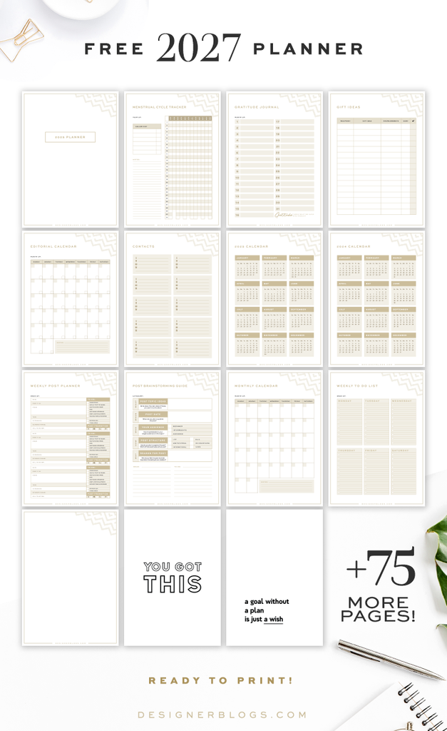 Preview showcasing the free 2027 printable planner bundle. The collage displays 14 different page layouts, including a menstrual cycle tracker, gratitude journal, gift ideas, editorial calendar, and quote posters.