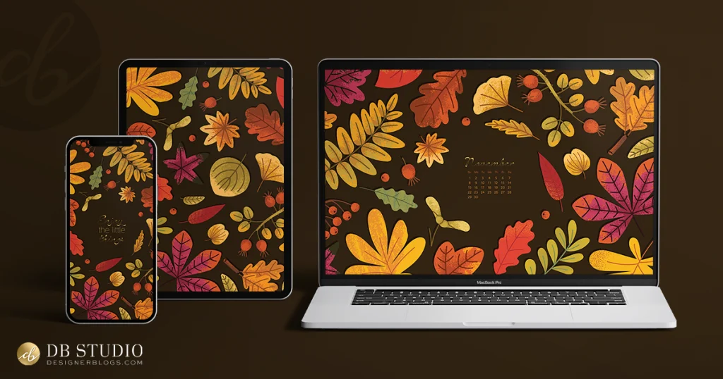 Free November wallpaper package by DB Studio, shown on a laptop, tablet, and smartphone on a dark brown background. The devices display different versions of the vintage fall foliage design, including the November 2026 calendar on the laptop screen, a standard pattern on the tablet, and the "Enjoy the little things" quote on the smartphone screen.