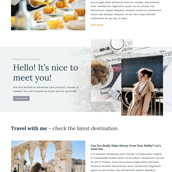A close-up preview of the personal biography section on the Allie cozy lifestyle WordPress theme, featuring overlapping polaroid-style photography, warm cream backdrops, and elegant serif typography.