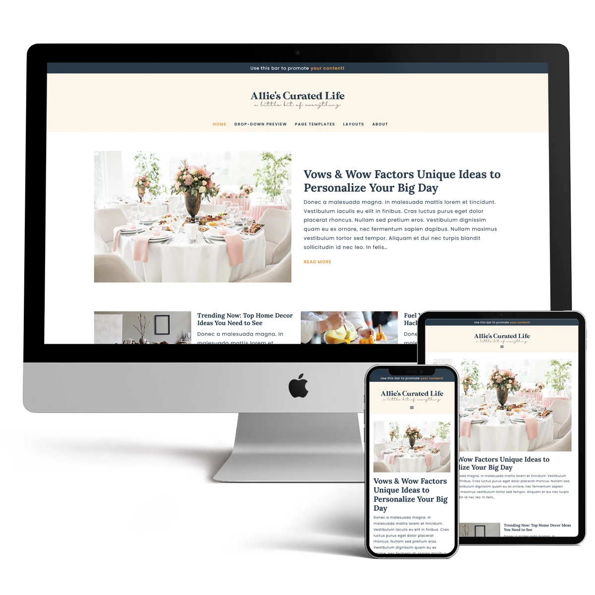 A responsive multi-device mockup displaying the Allie editorial WordPress theme for lifestyle bloggers on iMac, iPad, and iPhone, showcasing a clean, cream-toned home page design.