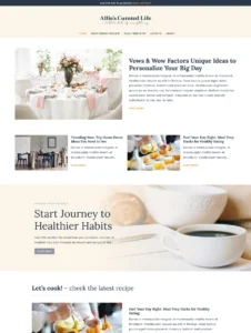 A high-resolution homepage layout preview of the Allie editorial WordPress theme, showcasing the elegant header, a large featured post with a wedding table setting photo, a two-column post grid, and a warm-toned product promotion banner featuring coffee cup imagery.