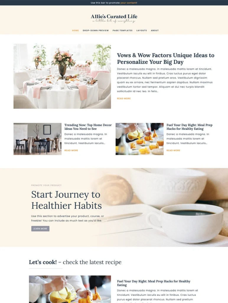 A high-resolution homepage layout preview of the Allie editorial WordPress theme, showcasing the elegant header, a large featured post with a wedding table setting photo, a two-column post grid, and a warm-toned product promotion banner featuring coffee cup imagery.