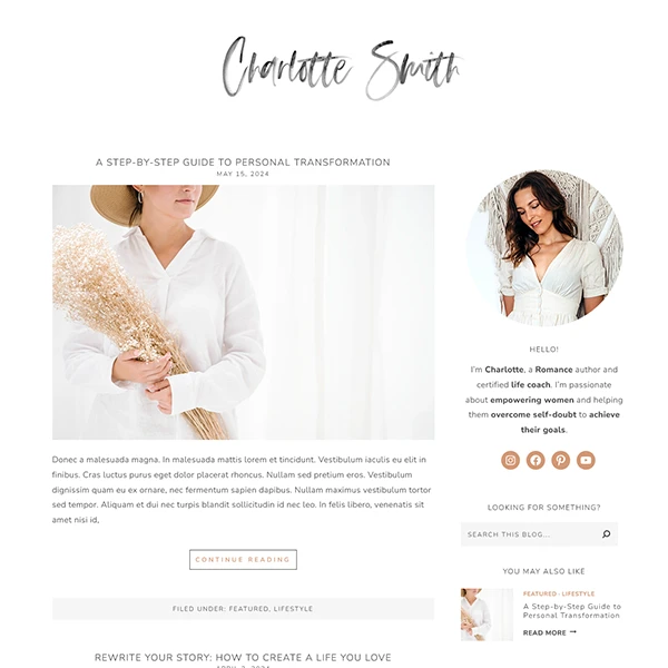 A detailed view of the Charlotte theme main blog feed, showing editorial lifestyle photography layouts paired with elegant script header typography.