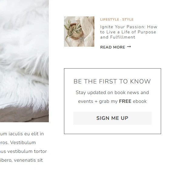 Close-up view of the Charlotte romantic lifestyle WordPress theme sidebar, highlighting the circular profile photo frame and integrated email newsletter subscription box.