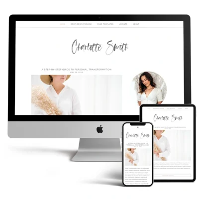 A multi-device responsive preview of the Charlotte romantic lifestyle WordPress blog theme layout displayed on a desktop iMac, iPad, and iPhone screen.