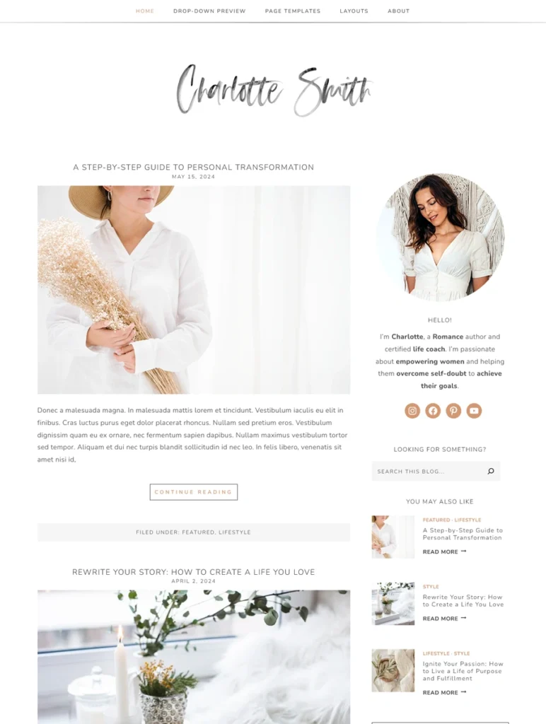 A homepage preview of the Charlotte romantic lifestyle WordPress theme, showing the script header, main blog post feed with large imagery, and the structured right sidebar with an author bio and recent posts.
