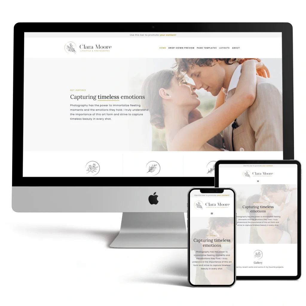 A multi-device responsive mockup of the Clara WordPress theme displaying the home page layout on a desktop iMac, iPad, and iPhone, showcasing a romantic wedding photography hero header.