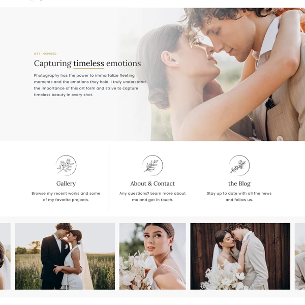 Close-up preview of the Clara WordPress theme hero section, showcasing elegant serif typography and a romantic wedding photography feature header with a minimalist beige aesthetic.