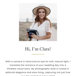 A preview of the dedicated homepage biography and about section on the Clara WordPress theme, featuring elegant serif typography, clean whitespace, and a minimalist layout designed for a photographer's portrait and personal introduction.