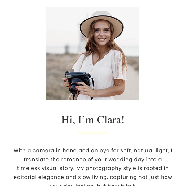 A preview of the dedicated homepage biography and about section on the Clara WordPress theme, featuring elegant serif typography, clean whitespace, and a minimalist layout designed for a photographer's portrait and personal introduction.