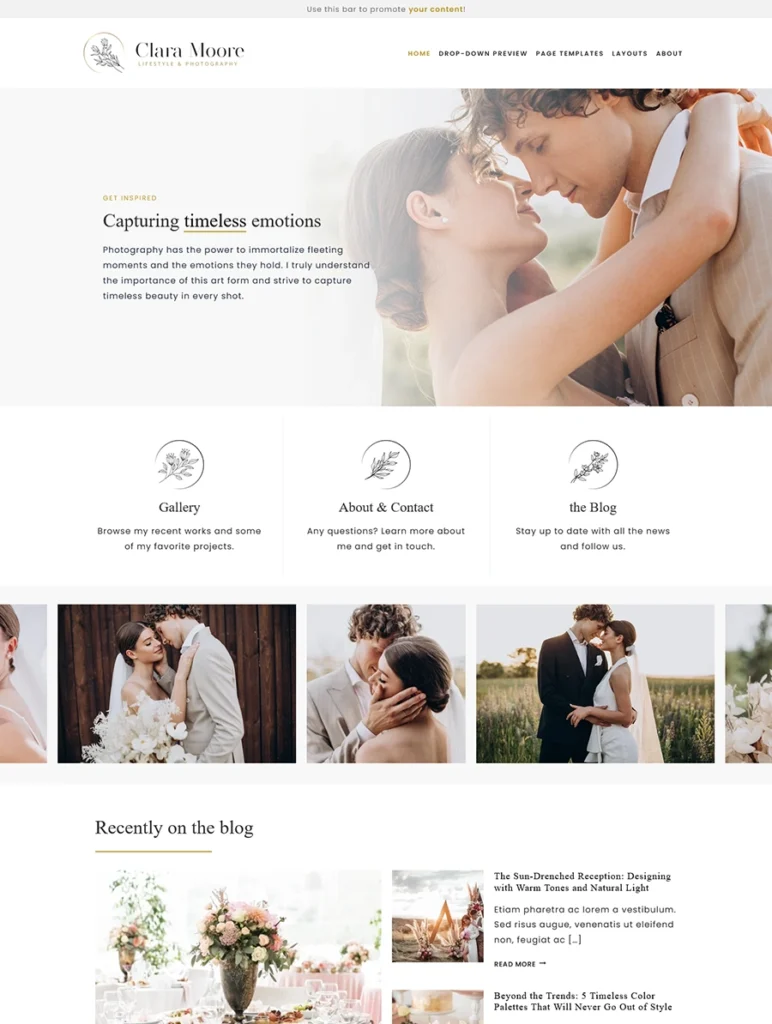 A full homepage layout preview of the Clara WordPress theme, showcasing an editorial and minimalist design for lifestyle and wedding photography, featuring a romantic hero image with a bridal couple, fine art typography, botanical line art icons for the Gallery and Blog, and multiple curated image grids.