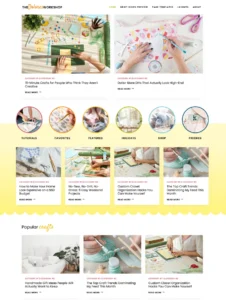 A full homepage preview of the Dolores craft blog WordPress theme featuring a bright, colorful aesthetic with coral, pink, and yellow accents, circular category navigation icons, and clean grid layouts displaying DIY tutorials.