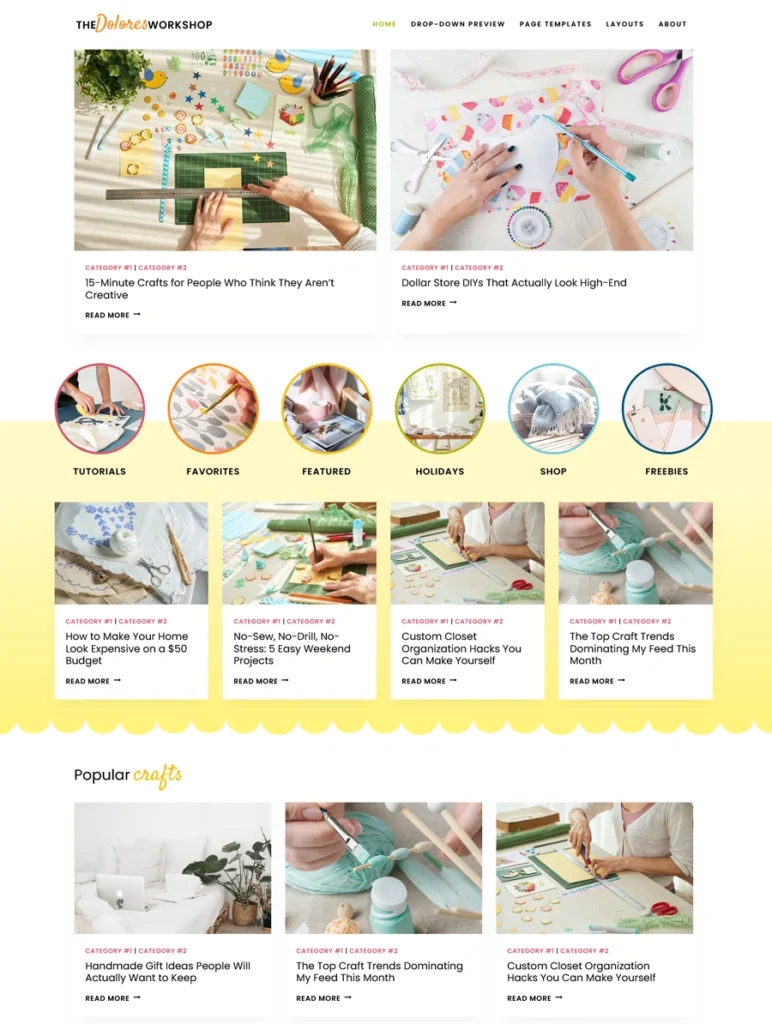 A full homepage preview of the Dolores craft blog WordPress theme featuring a bright, colorful aesthetic with coral, pink, and yellow accents, circular category navigation icons, and clean grid layouts displaying DIY tutorials.