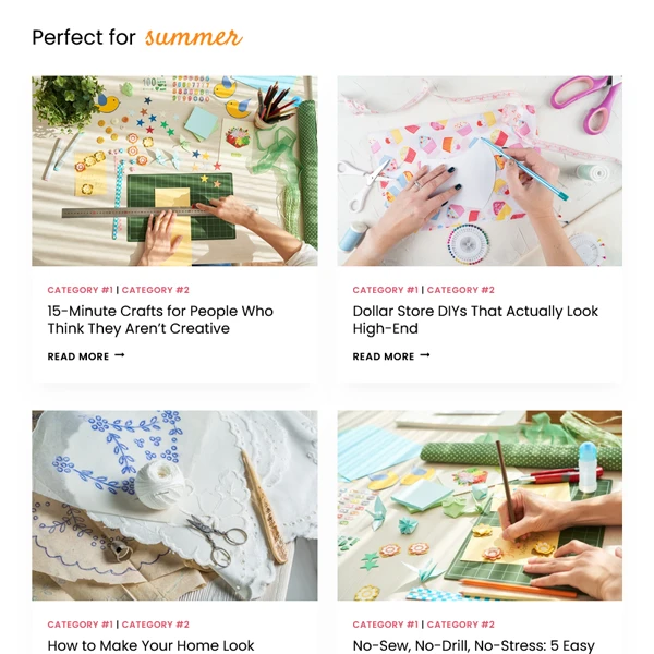 A seasonal content grid block labeled 'Perfect for Summer' displaying craft tutorial posts on the Dolores craft blog WordPress theme layout.