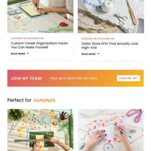 An orange and coral colored newsletter subscription banner styled with a white sign-up button on the Dolores craft blog WordPress theme.