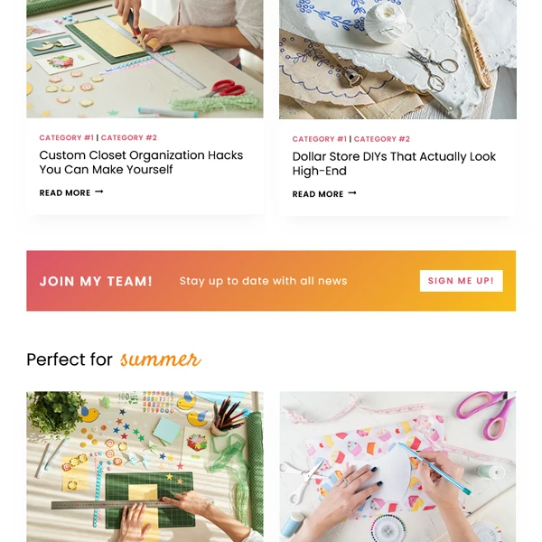 An orange and coral colored newsletter subscription banner styled with a white sign-up button on the Dolores craft blog WordPress theme.