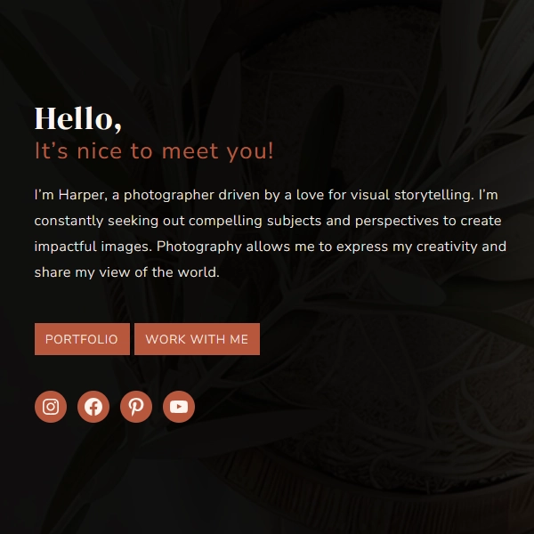 Harper boho photography WordPress theme featuring a warm biography and about me section for storytellers.