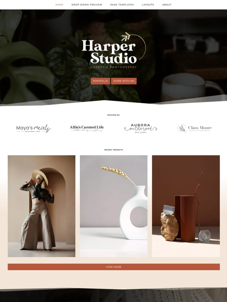 Full hero section preview of Harper boho photography WordPress theme featuring warm typography, trusted client logos, and a portfolio grid.