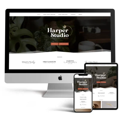 Responsive desktop, tablet, and mobile mockup preview of Harper, a boho photography WordPress theme for lifestyle bloggers and storytellers.