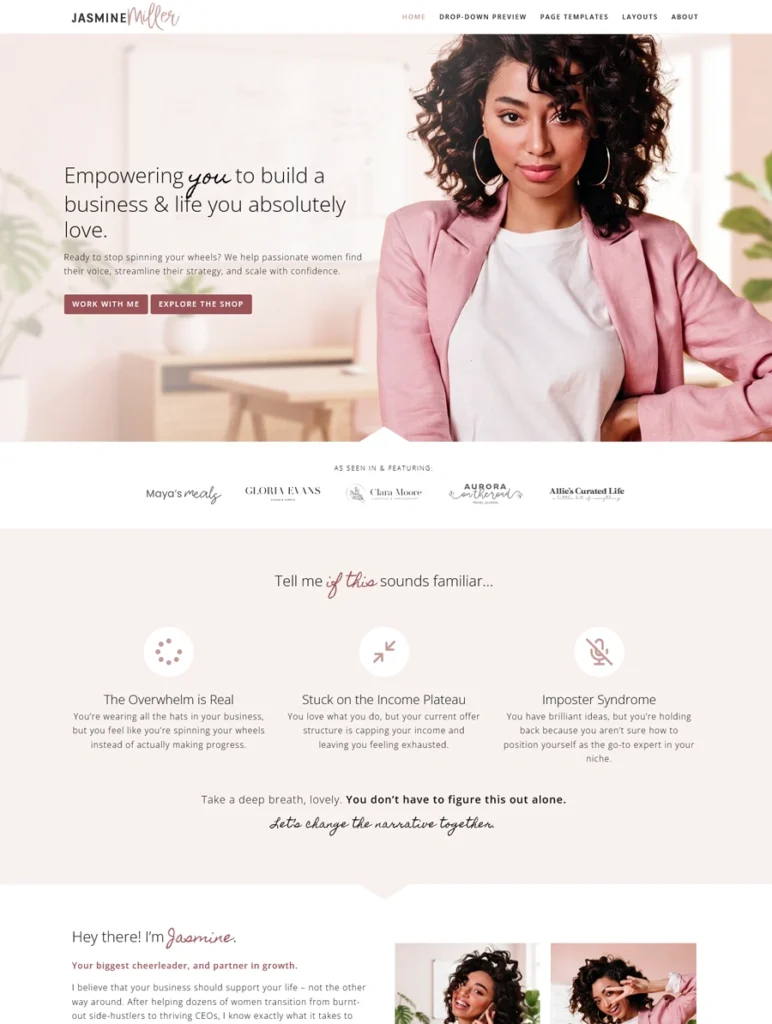 A full layout preview of the Jasmine elegant WordPress theme homepage, featuring the hero section, brand logo display bar, and coaching program details.
