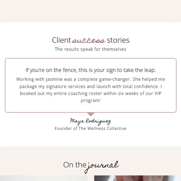 A stylish client success stories and testimonials block featured in the Jasmine feminine WordPress design.