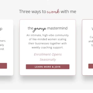 Clean three-column coaching services and mastermind layout on the Jasmine WordPress template.