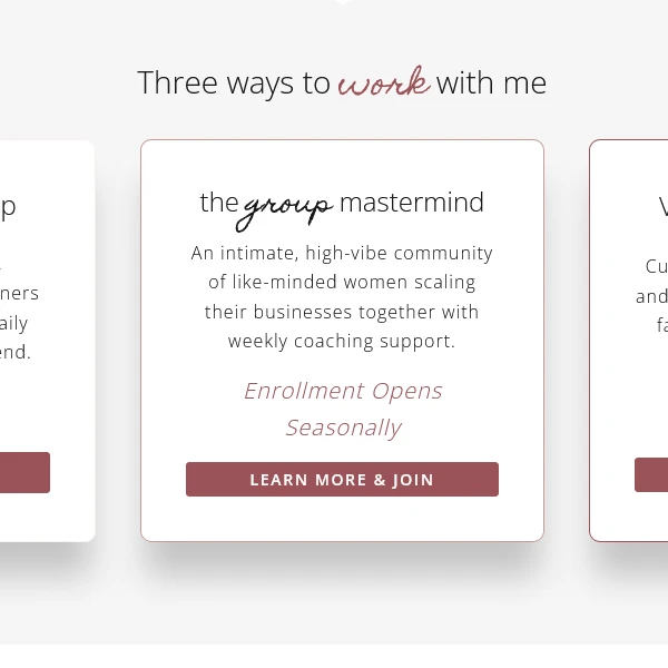 Clean three-column coaching services and mastermind layout on the Jasmine WordPress template.