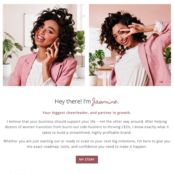 The elegant 'Hey there! I'm Jasmine' personal biography and intro section on the Jasmine WordPress theme homepage.