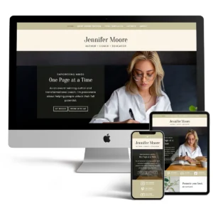 A multi-device mockup previewing the Jennifer WordPress theme for book authors on an iMac, iPad, and iPhone, showcasing its earth-toned, responsive homepage layout.