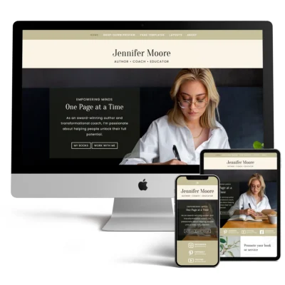 A multi-device mockup previewing the Jennifer WordPress theme for book authors on an iMac, iPad, and iPhone, showcasing its earth-toned, responsive homepage layout.