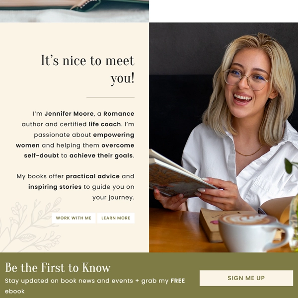 A high-quality square preview of the about section in the Jennifer WordPress theme, featuring a portrait of a smiling woman holding an open book against a dark background.