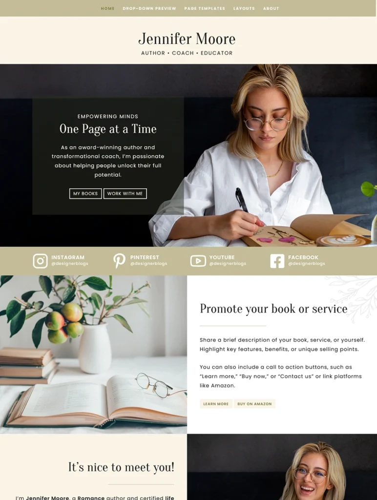 A top-of-page preview of the Jennifer WordPress theme for authors, showcasing the header menu, the main hero section with a woman writing, and the book promotion section below it.