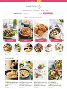 A full layout preview of the Maya clean recipe blog WordPress theme homepage, showing the recipe search bar, rounded category icons, a prominent four-item category grid, and the latest recipe post section.