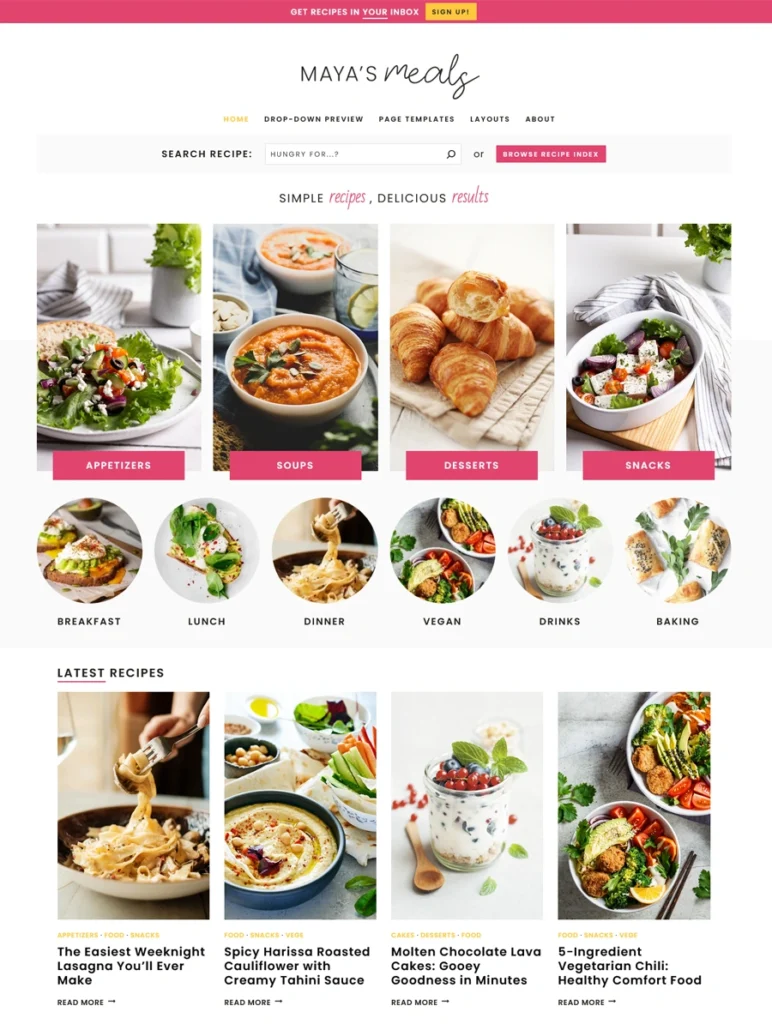 A full layout preview of the Maya clean recipe blog WordPress theme homepage, showing the recipe search bar, rounded category icons, a prominent four-item category grid, and the latest recipe post section.