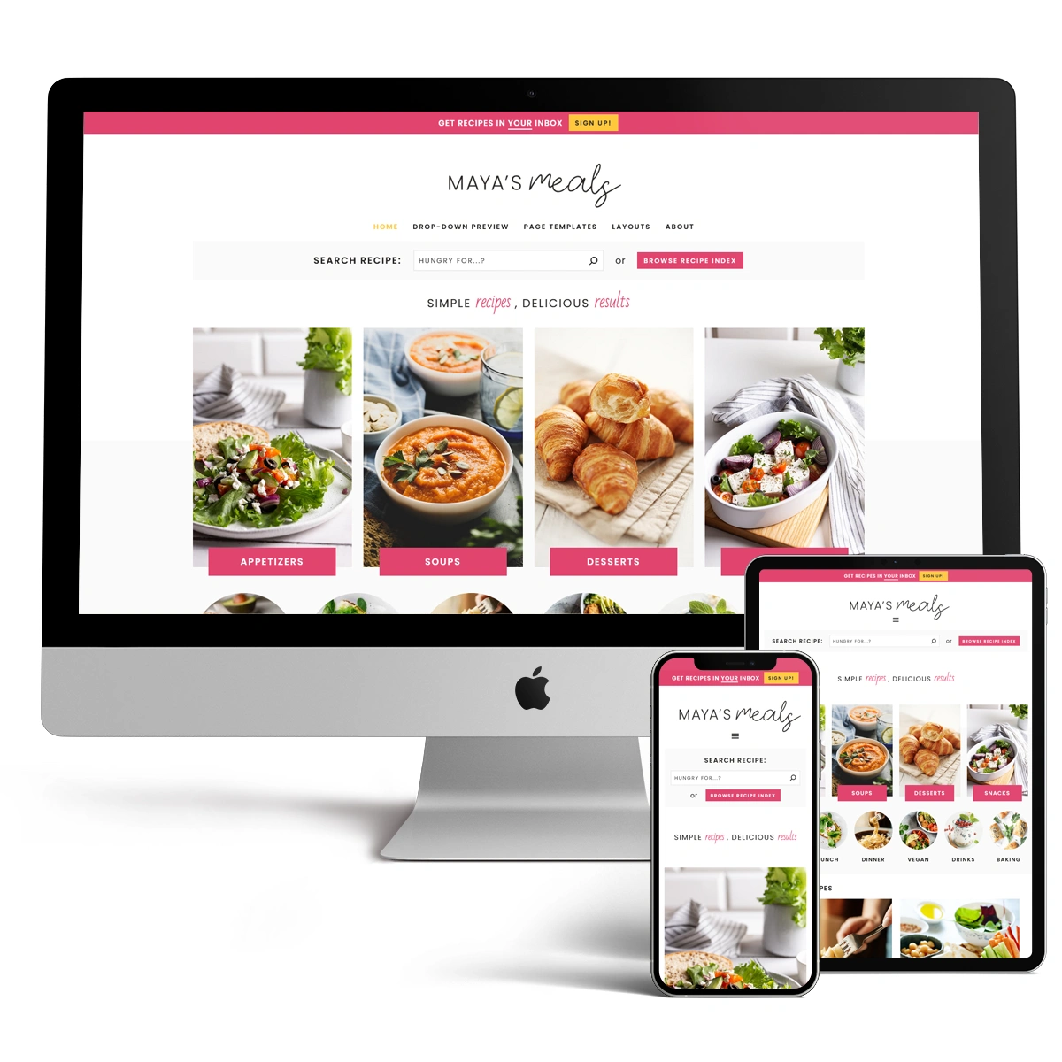 A multi-device responsive preview of the Maya clean recipe blog WordPress theme, displayed on desktop, tablet, and mobile screens showing the vibrant food recipe index.