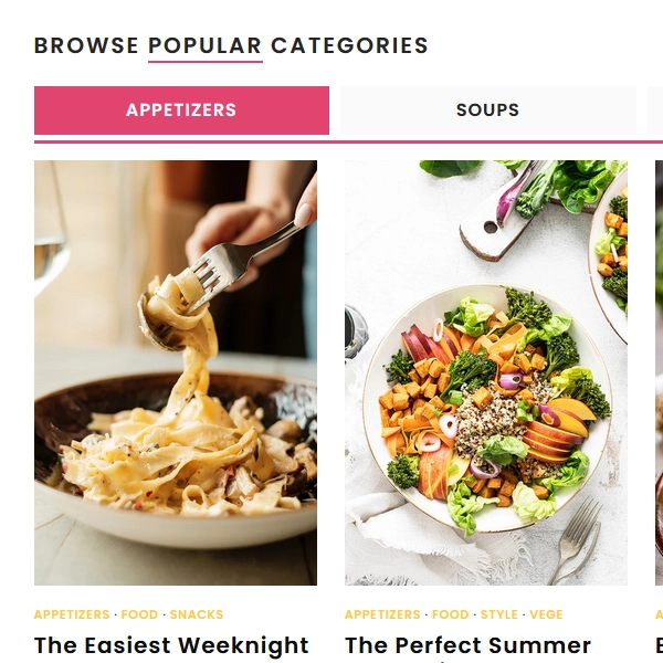 A grid layout display showcasing colorful food photography cards with clean typography badges from the Maya WordPress theme.