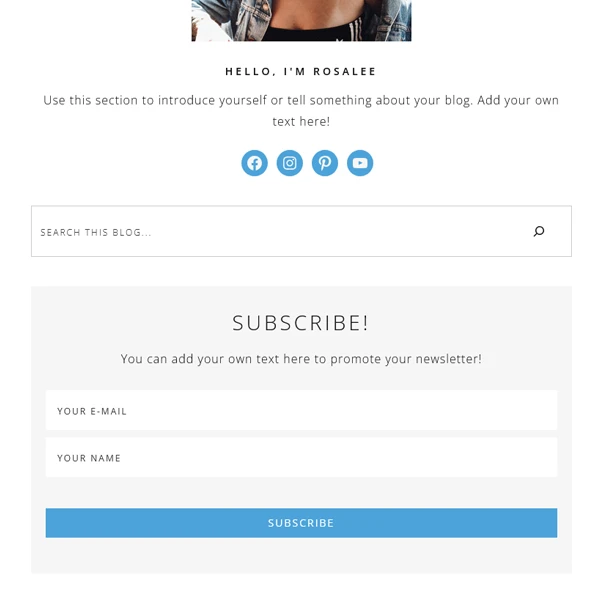 A close-up of a feminine aesthetic website design sidebar featuring a personalized profile photo, social icons, and an integrated email newsletter subscription widget.