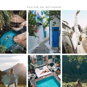 A full-width Instagram footer gallery widget showcasing clean grid layouts for travel and lifestyle images on an elegant blog theme.