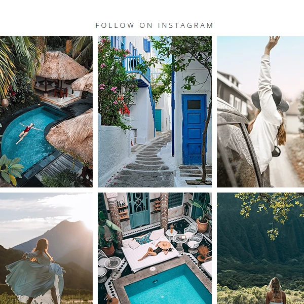 A full-width Instagram footer gallery widget showcasing clean grid layouts for travel and lifestyle images on an elegant blog theme.